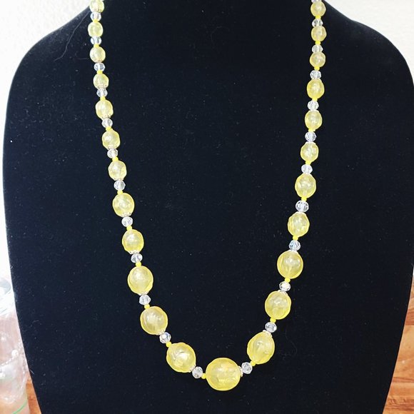 Vintage Acrylic lemon yellow beads and crystal necklace - Picture 1 of 3